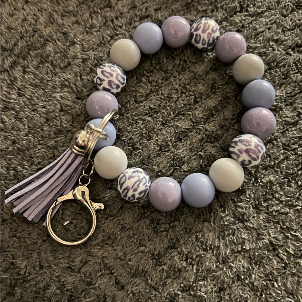 Hand Crafted Lavender & Gray Leopard Beaded Tassel Key Ring